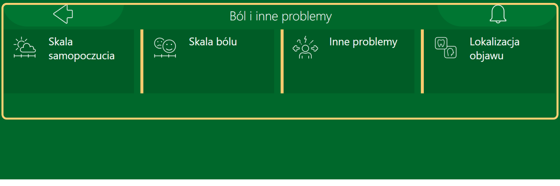 SEKCJA „BÓL I INNE PROBLEMY” Sekcja "Ból i inne problemy" w systemie C-Eye X, neuroTAB, eyeTAB. Pozwala osobom niepełnosprawnym, niekomunikującym się werbalnie komunikować wzrokiem lub dotykiem ból, nasilenie bólu, samopoczucie i inne objawy, które mogą wpływać na codziennie funkcjonowanie