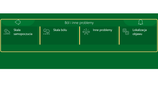 SEKCJA „BÓL I INNE PROBLEMY” Sekcja "Ból i inne problemy" w systemie C-Eye X, neuroTAB, eyeTAB. Pozwala osobom niepełnosprawnym, niekomunikującym się werbalnie komunikować wzrokiem lub dotykiem ból, nasilenie bólu, samopoczucie i inne objawy, które mogą wpływać na codziennie funkcjonowanie