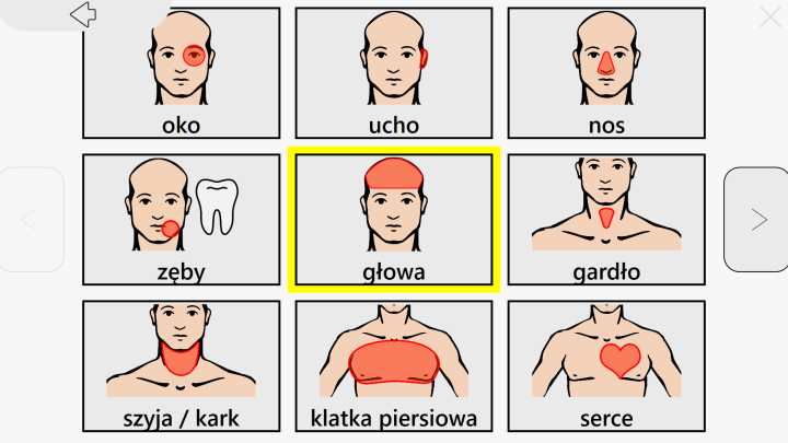 Lokalizacja objawu – ocena bólu w systemie C-Eye Moduł "Ból i inne problemy"w C-Eye X z planszą części ciała, ułatwiający użytkownikom wskazanie miejsca bólu za pomocą wzroku / dotyku.