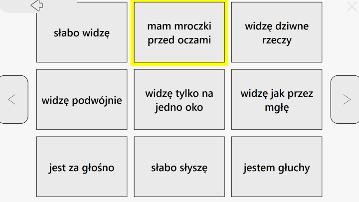Kategoria inne problemy – komunikowanie dyskomfortu w systemie C-Eye Sekcja "Inne problemy" e module "Ból i inne problemy" - pozwalająca zasygnalizować swoje samopoczucie bliskim i terapeutom
