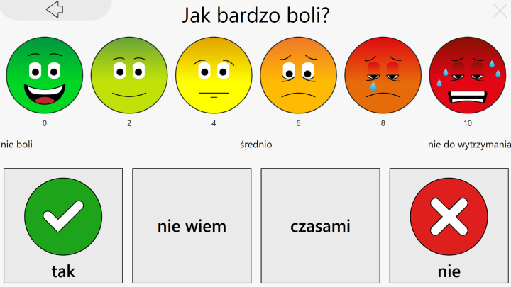 Jak bardzo boli? Ekran systemu C-Eye X z modułem do oceny bólu, przedstawiający wizualną skalę twarzy oraz przyciski wyboru dla użytkownika.