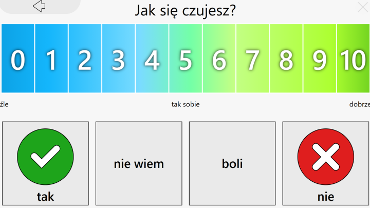 skala samopoczucia Numeryczna skala samopoczucia od 0 do 10 w systemie C-Eye, pozwalająca użytkownikowi na wskazanie jak się czuje